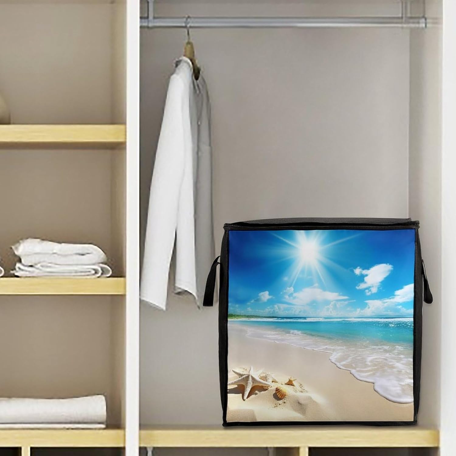 Quilt Storage Bag,Summer Beach Printed Large Foldable Storage Container Portable Travel Storage Bag for Blankets, Quilts, Clothes, Comforter, Bedding And Pillows