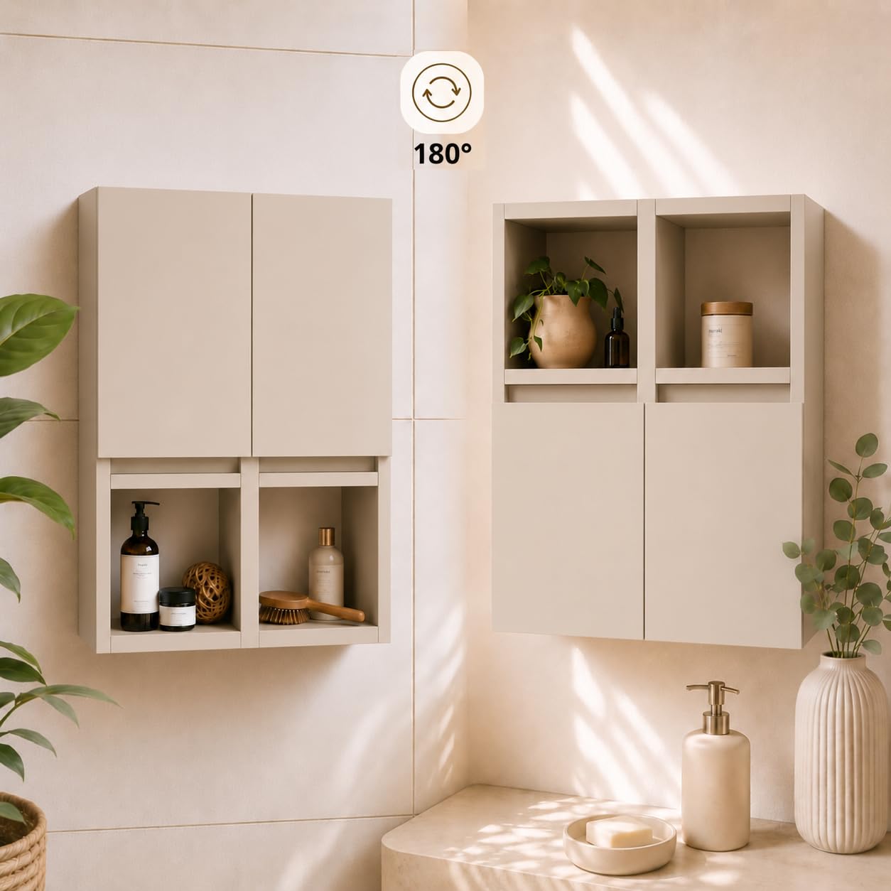 Hängeschrank Badezimmer, 75x56x25 cm, Kaschmirfarbe Matt, 6 Regale, Soft-Close-Türen, Anti-Fingerprint, Wandmontage