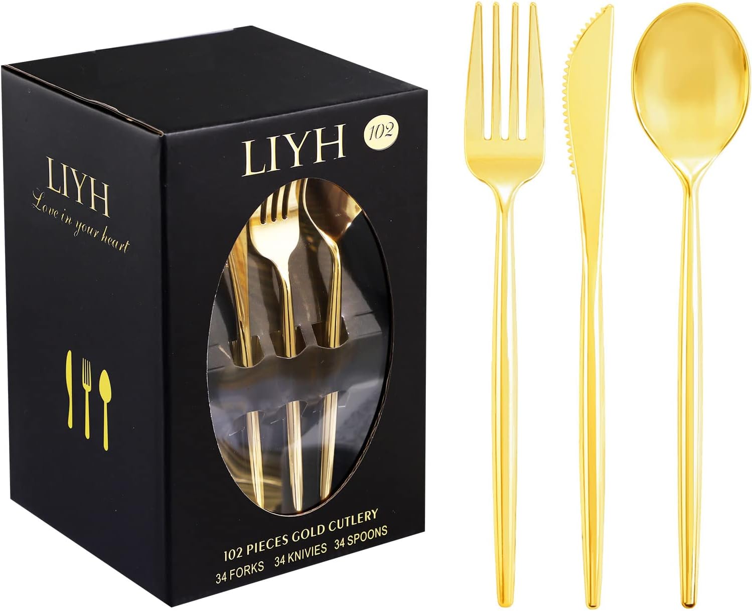LIYH 102 Pcs Gold Plastic Silverware Disposable, Plastic Gold Utensils Heavyduty – Disposable Cutlery Includes Knives Forks and Spoons for Party, Birthday,Wedding Events LIYH 102 Pcs Gold Plastic Silverware Disposable, Plastic Gold Utensils Heavyduty – Disposable Cutlery Includes Knives Forks and Spoons for Party, Birthday,Wedding Events