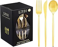 Vista 9 de LIYH - 102 cubiertos de plástico dorado desechables, utensilios de plástico dorado resistentes, cubiertos desechables que incluyen cuchillos