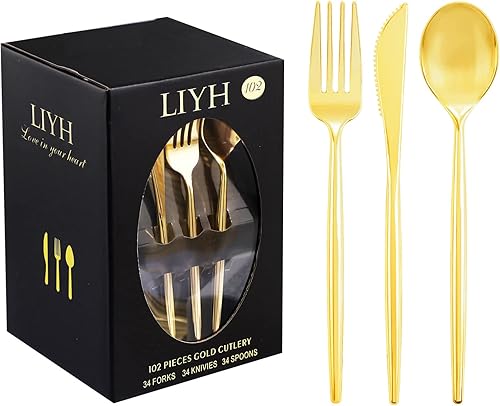 LIYH - 102 cubiertos de plástico dorado, utensilios desechables con diseño resistente para fiestas de lujo, tenedores dorados desechables, cuchara