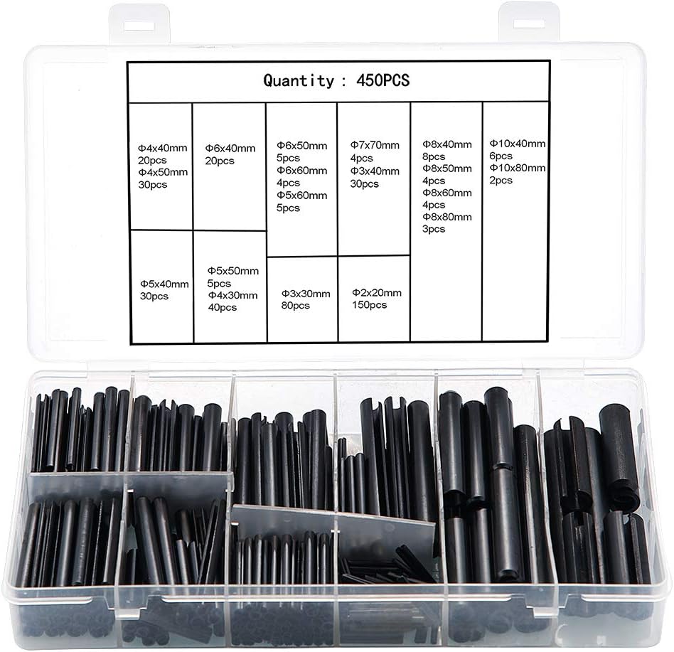 Slotted Spring Pin Roll Pins Assortment Set Steel Split Spring Dowel Tension Roll Pins Metal Hardware Assortment Kit Hollow Spring Pins Mixed Sizes Black 450pcs