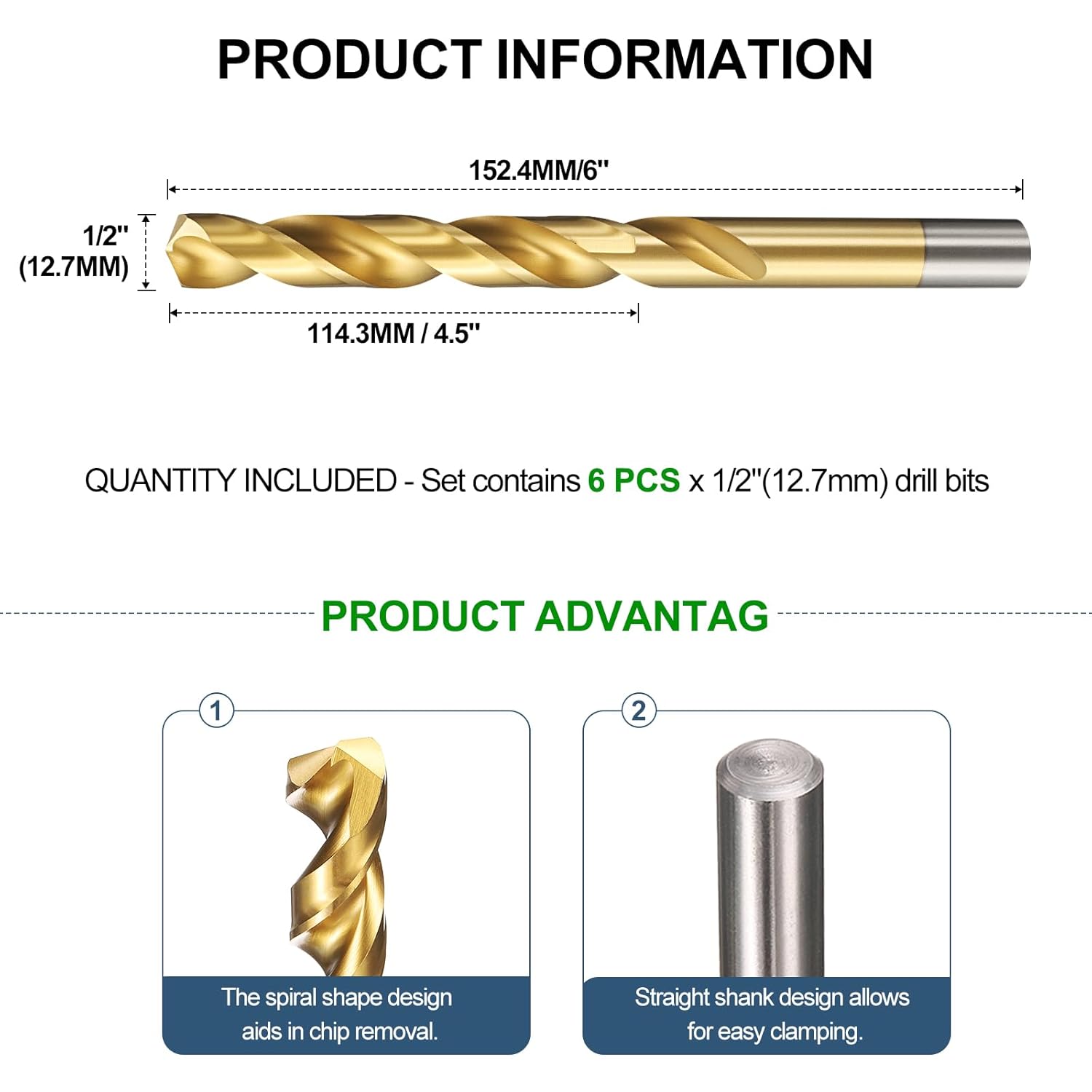 METALLIXITY Drill Bit (1/2") 6Pcs, 4241 High-Speed Steel Straight Shank Titanium Nitride (TiN) Coated 118° for Wood Plastic Iron Copper Aluminum Low Soft Metal