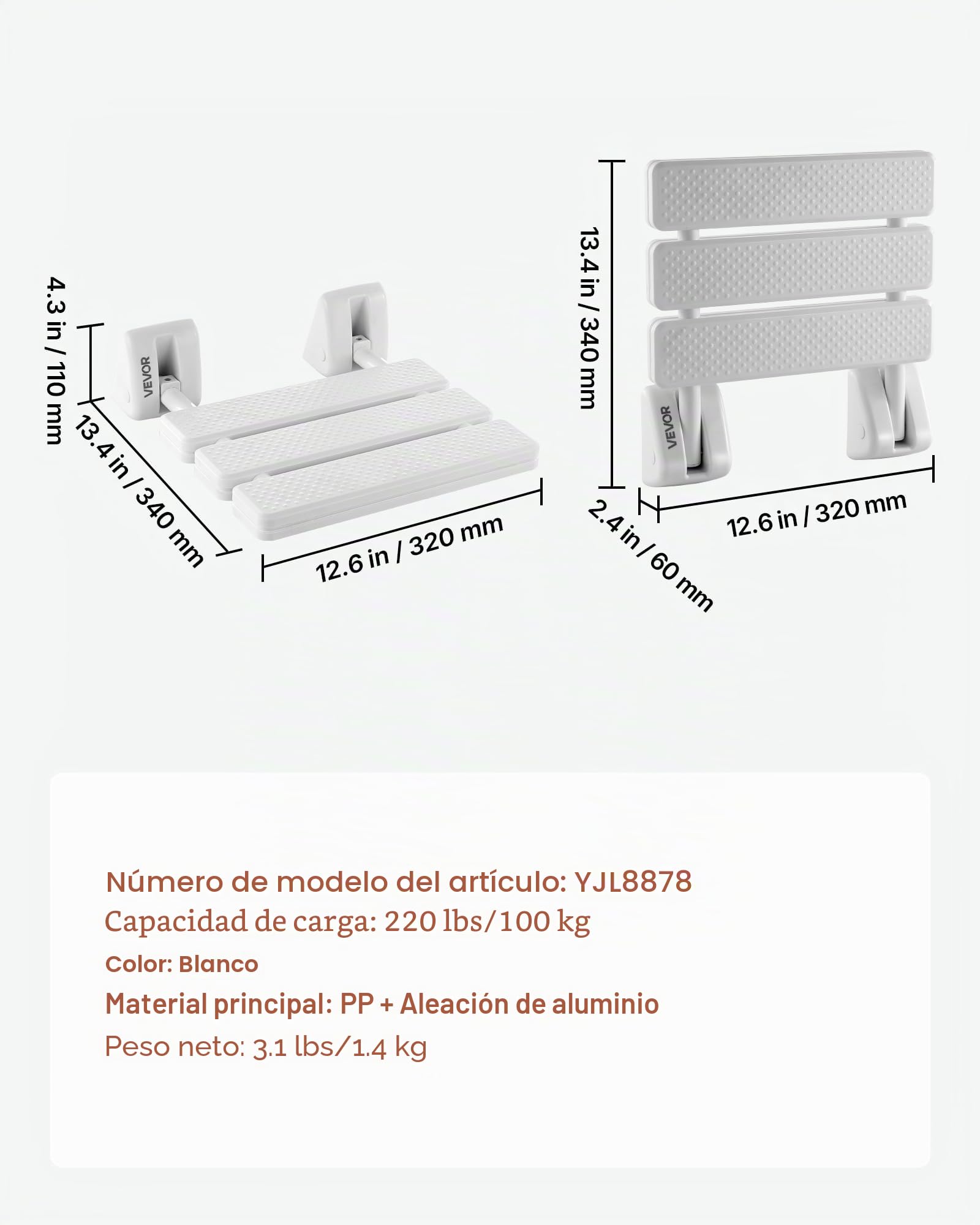 VEVOR Asiento de Ducha Abatible de PP, Silla de Ducha Plegable Montaje en Pared con Marco de Aleación de Aluminio, Taburete de Baño con Capacidad de Carga de 100 kg, para Adultos, Mayores, Blanco