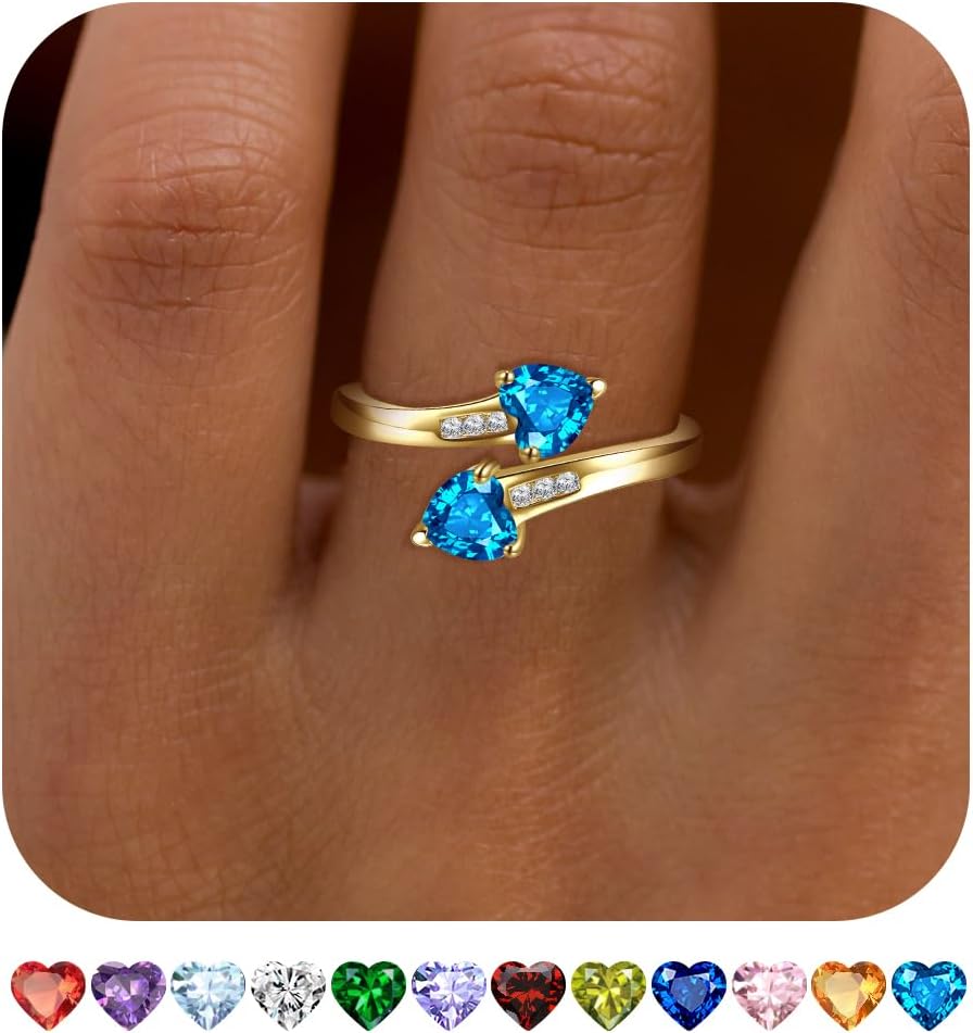 1CT Adjustable Women Heart Ring 14K Gold Plated Birthstone Rings for Women Promise Ring for her Simulated Gemstone Statement Stackable Band Width 2mm Open Size 5~9