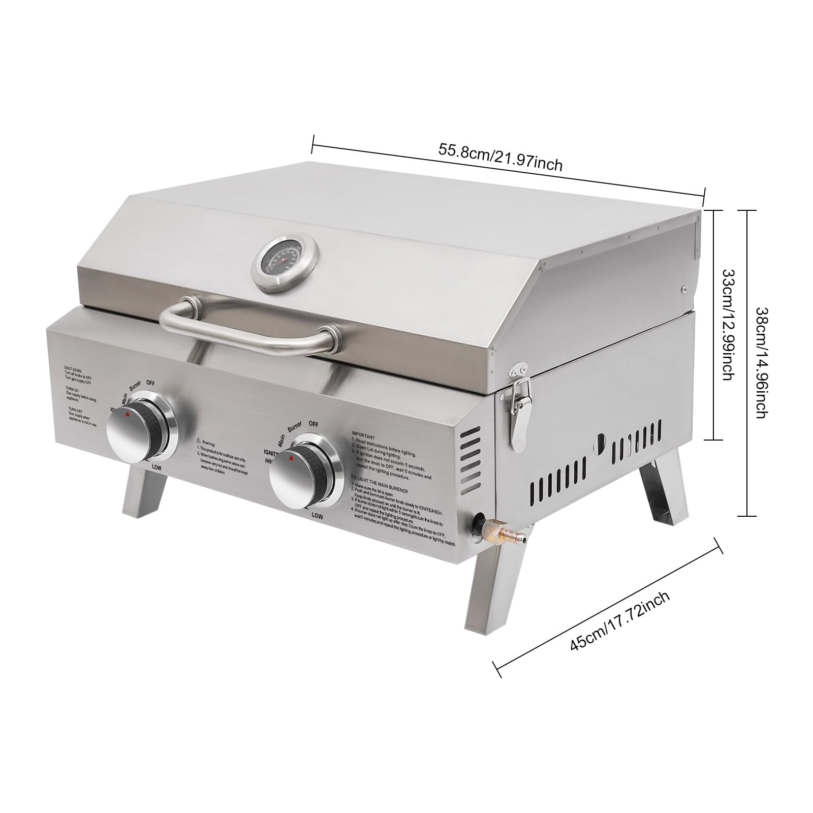 Barbecue a gas da tavolo professionale in acciaio inossidabile con 2 bruciatori, pieghevole per esterni, 55,8 x 45 x 38 cm, accensione piezoelettrica, barbecue da tavolo portatile con coperchio, per
