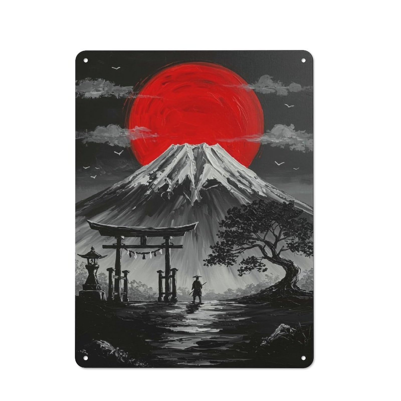 Junmoney Style-4 Mount Fuji, Torii Gate, And Samurai Tin Wall Sign 40X30cm, Loft Style Industrial Wall Decor For Loft, Studio, Office Or Creative Room