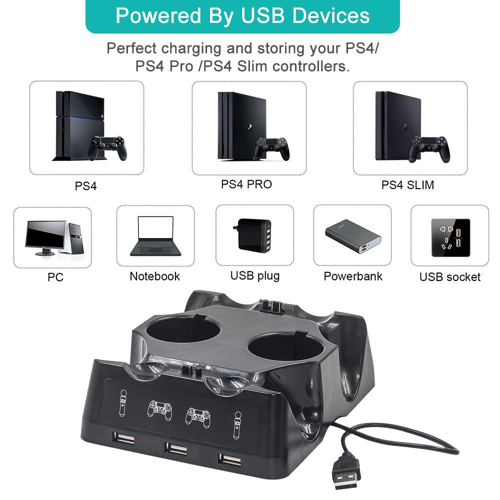 PS4 Controller Ladestation Mit LED Anzeige und 3 Front USB Ports - 4 in 1 für PS4/Pro/PS4 Slim/VR Move Motion Controller