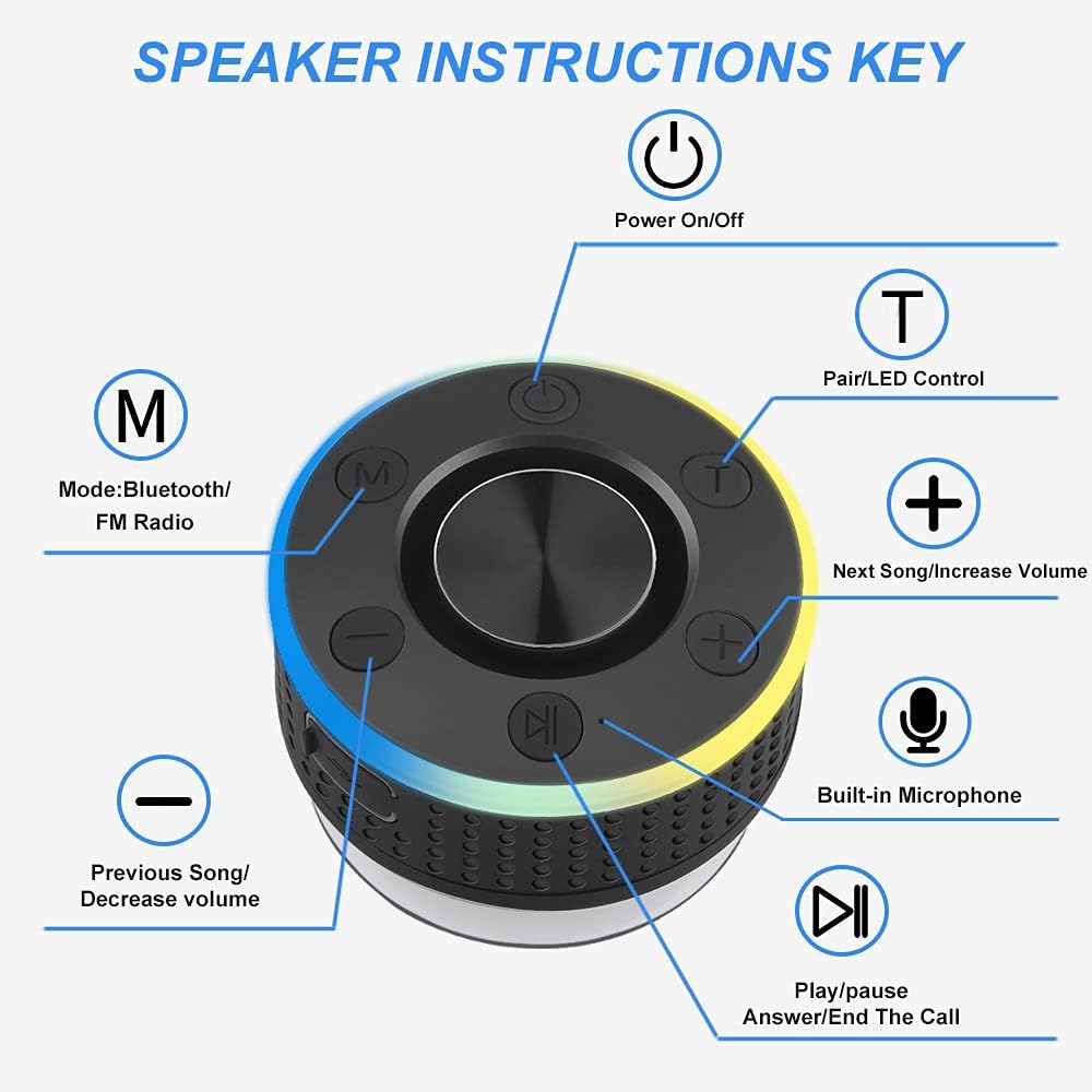Lrecat Shower Speaker, IP7 Waterproof Bluetooth Speaker Portable, Suction Cup, LED Lights, Dual Pairing, Bass Stereo Wireless Speaker Microphone, FM Radio Outdoor Speaker for Bathroom Party Pool Beach