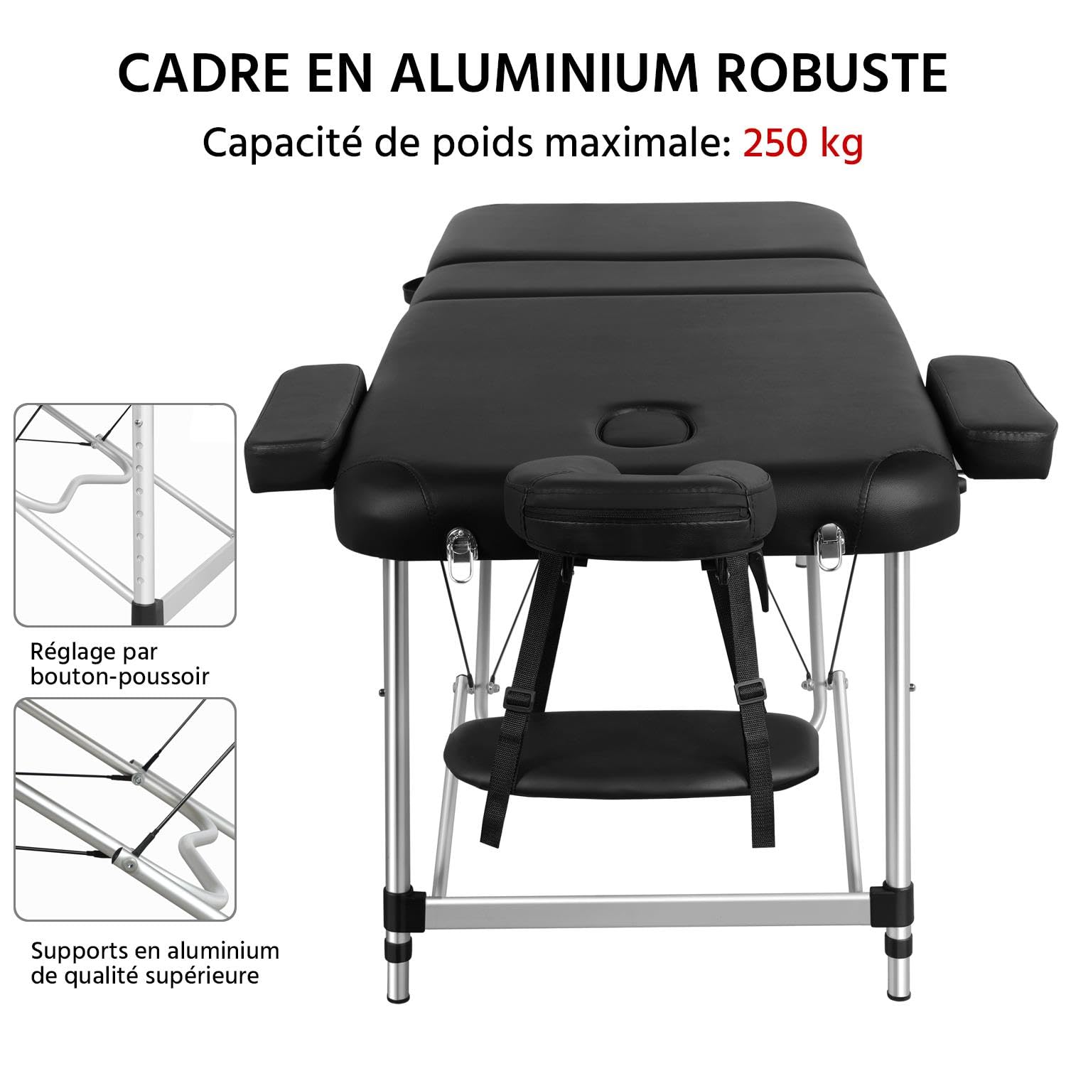 Yaheetech Table de Massage Pliante Professionnelle 3 Section 90 x 213 cm avec Cadre en Aluminium Lit de Massage Large Portable à Hauteur Réglable Repose-tête Ergonomique pour Massage Spa Tatouage