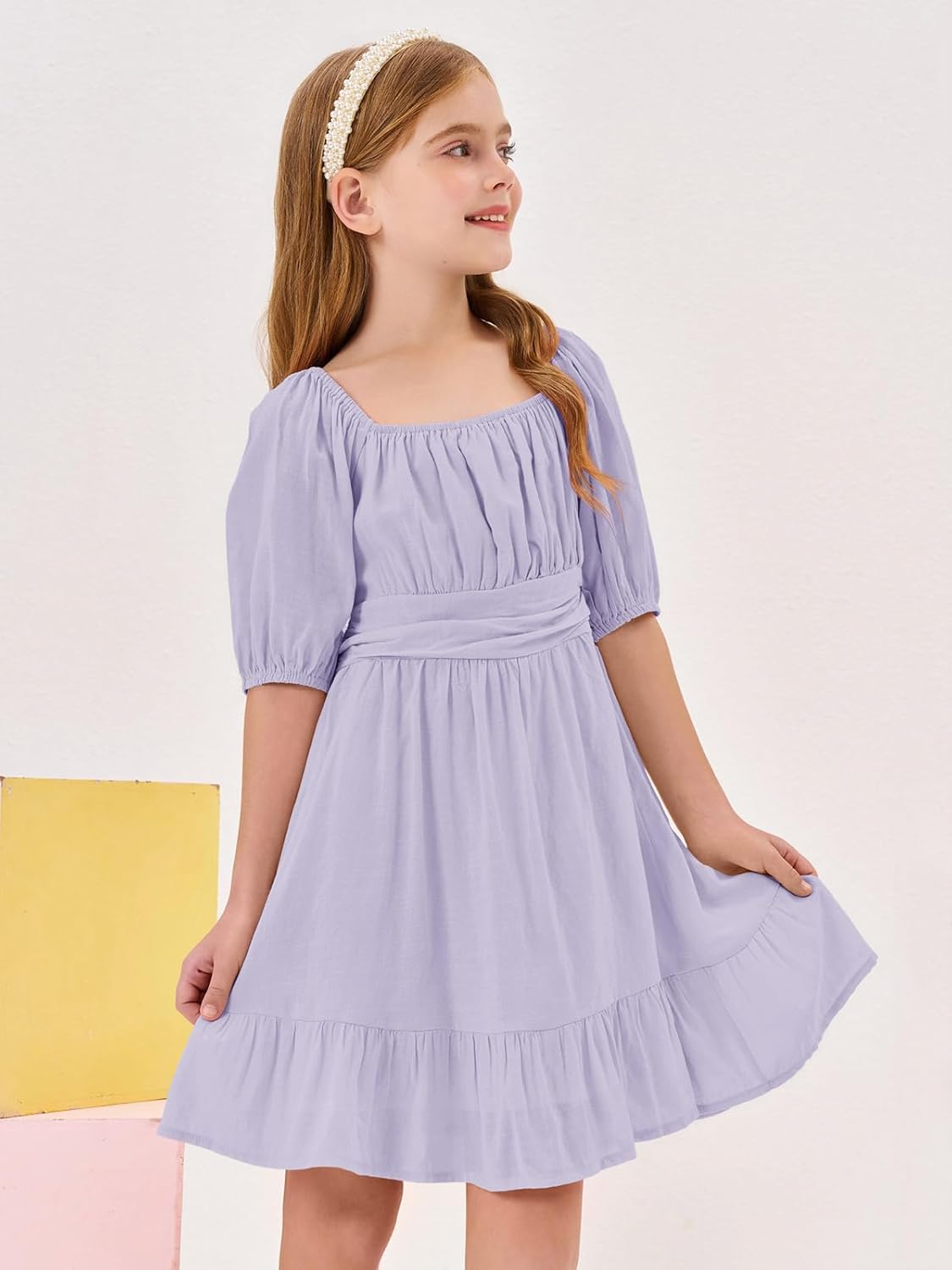 Girls Summer Dresses Square Neck Lantern Sleeve Tie Backless Ruffle A-Line Party Mini Dress - Image 5