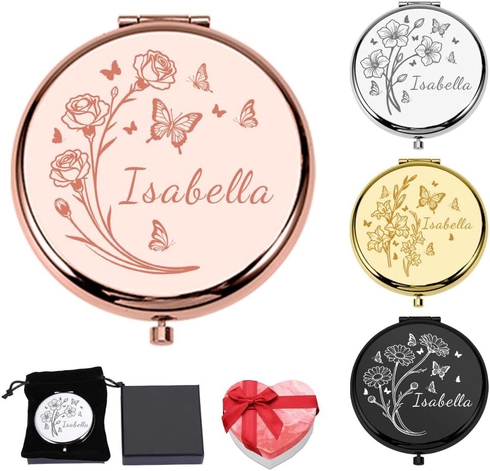 Personalized Compact Mirror for Women,Custom Valentine's Day Gift Pocket Mirror,1X/2X Magnification Travel Makeup Mirror for Purse-Gift for Girlfriend Bridesmaid, Wedding, Birthday,Friend,Sister,Wife