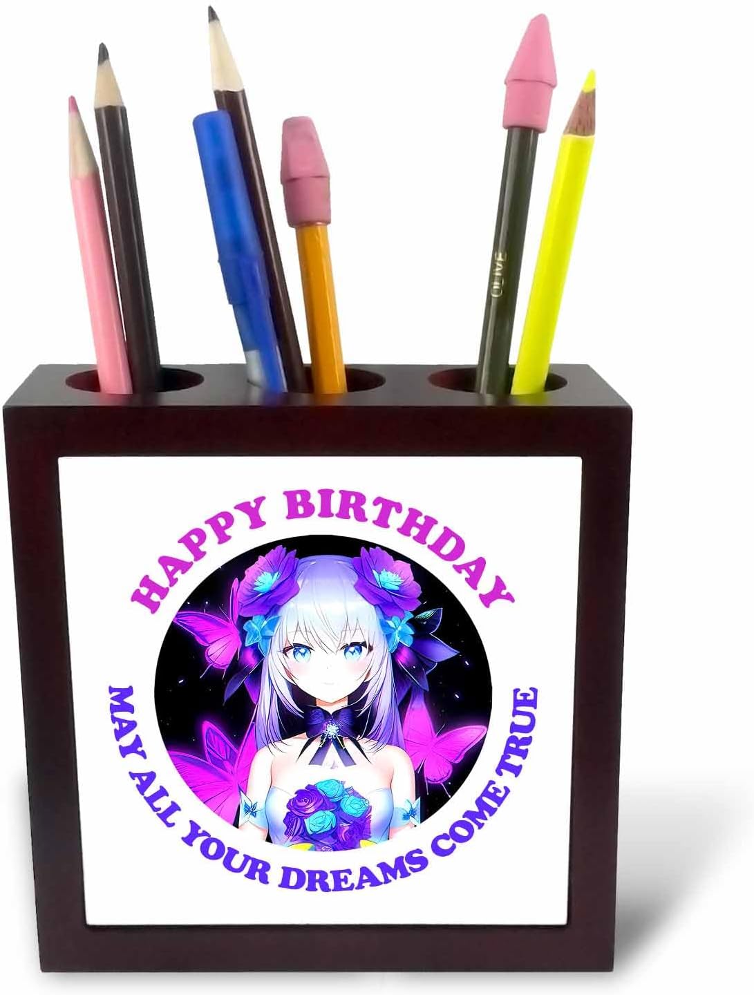 3dRose Manga girl, flowers, butterflies. Neon colors. Happy birthday card 5 inch tile pen holder