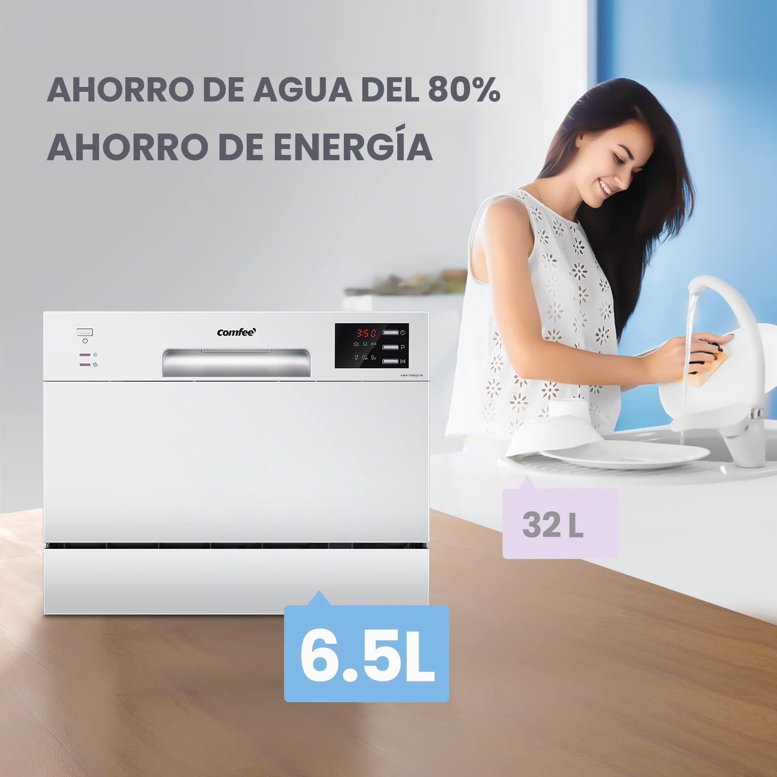 COMFEE' Lavastoviglie compatta da tavolo TD602E-W Mini lavastoviglie con 6 coperti, 6 programmi, display a LED, avvio ritardato e funzione di lavaggio nelle Ore non di Punta - Bianco