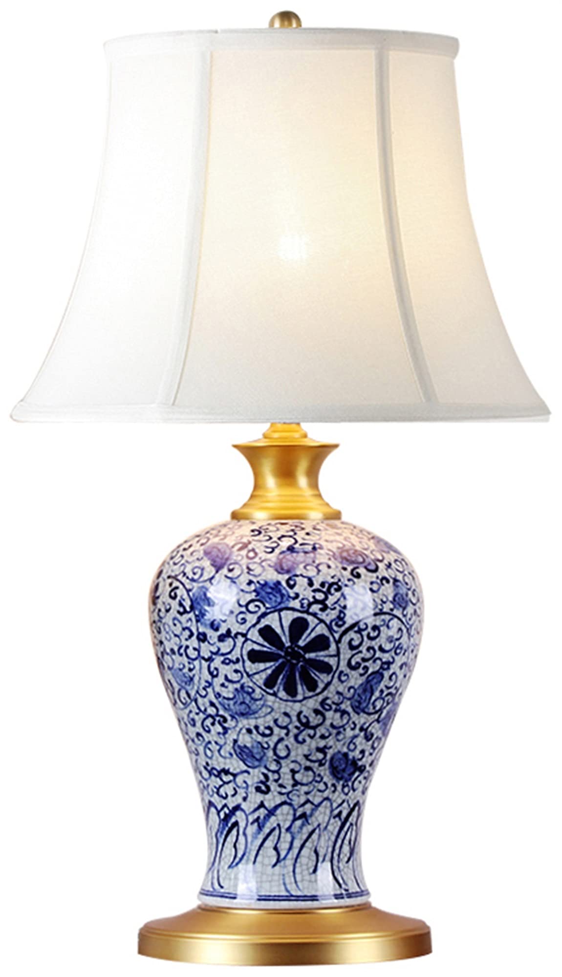 SGKOMN Ceramic Table Lamp Chinese Hand-Painted Blue And White Porcelain Table Light Pleated Cotton And Linen Lampshade Bedroom Bedside Lamp Living Room Decoration