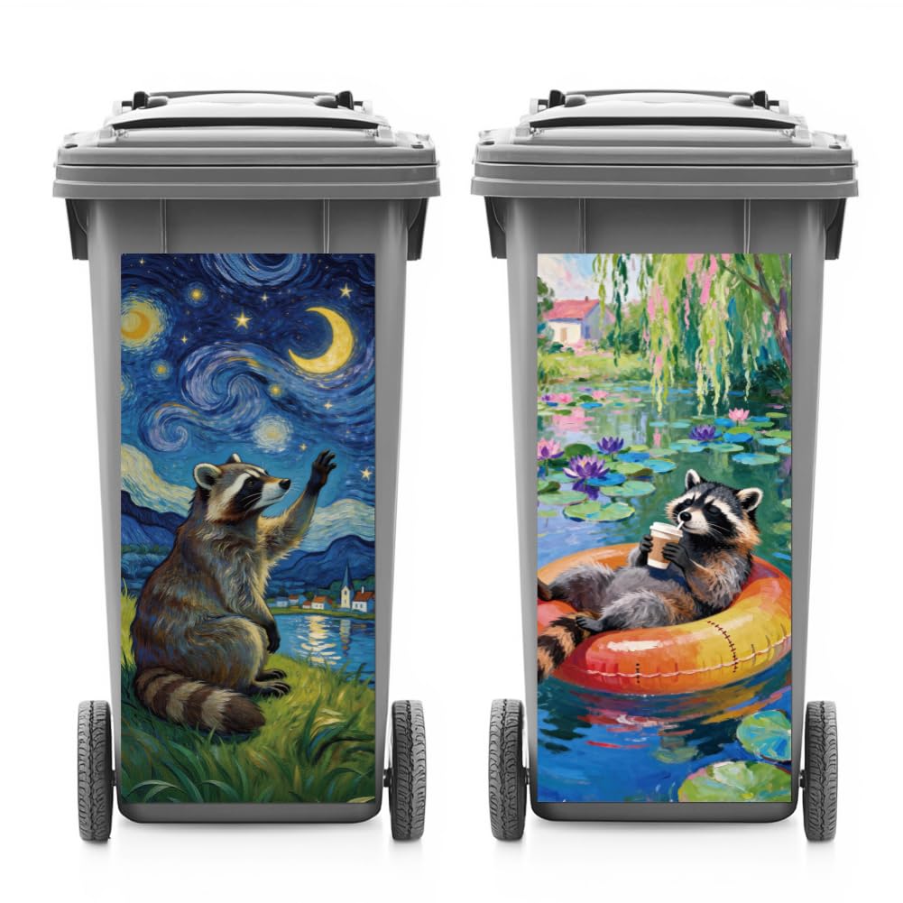 ANATTASOUL 2 Sheets Spring Wheelie Bin Stickers Oil Painting Raccoon Waterproof Dustbin Covers Decor, 14.9"x 32.2" Adhesive Large Decal for Bins, Fridge, Wall Outdoor, Indoor Decoration