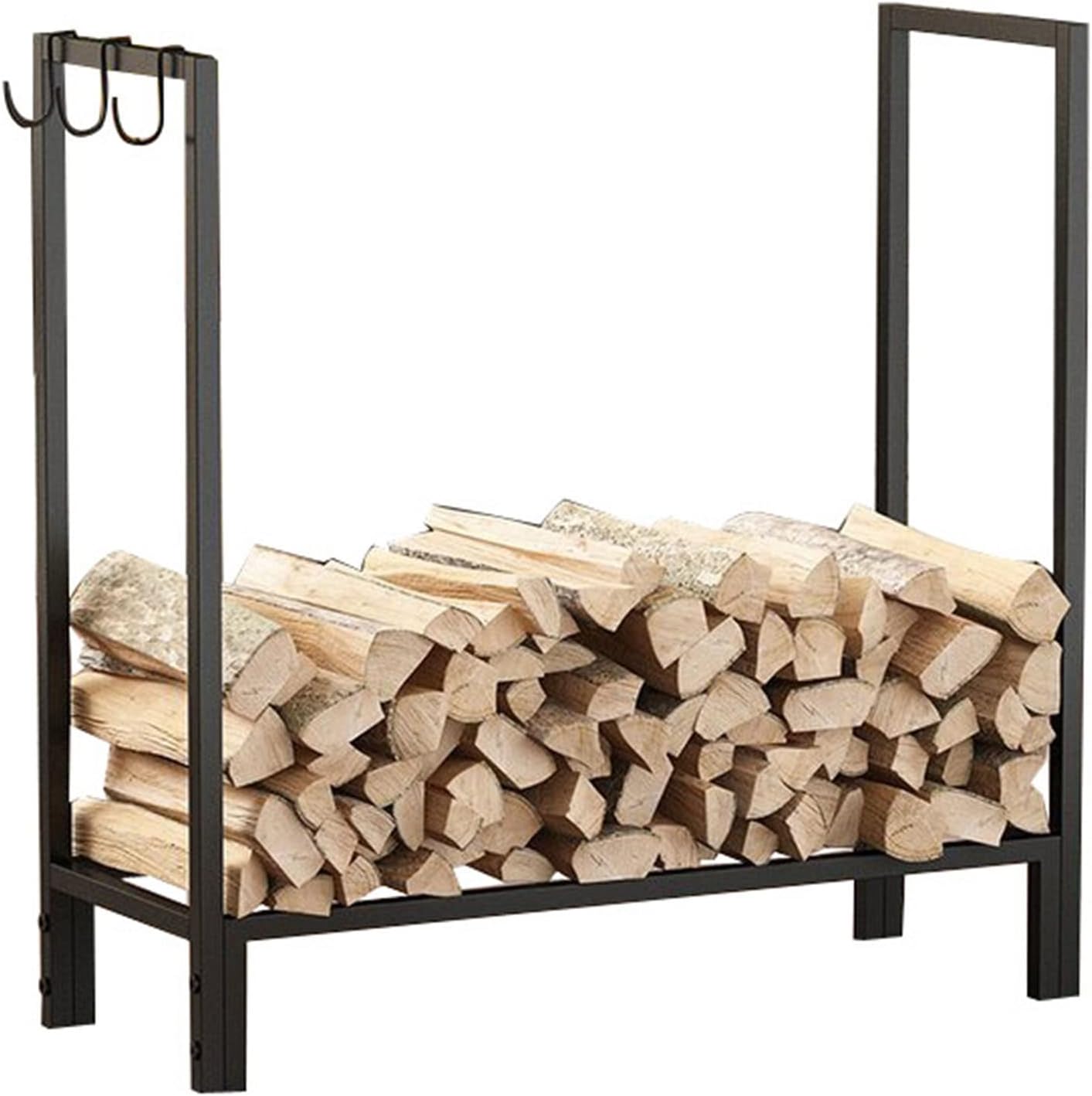Metal Firewood Rack Holder with 3 Hooks Outdoor Indoor Black Large Log Storage Holder Farmhouse Camper Fireplace Rectangular Wood Rack