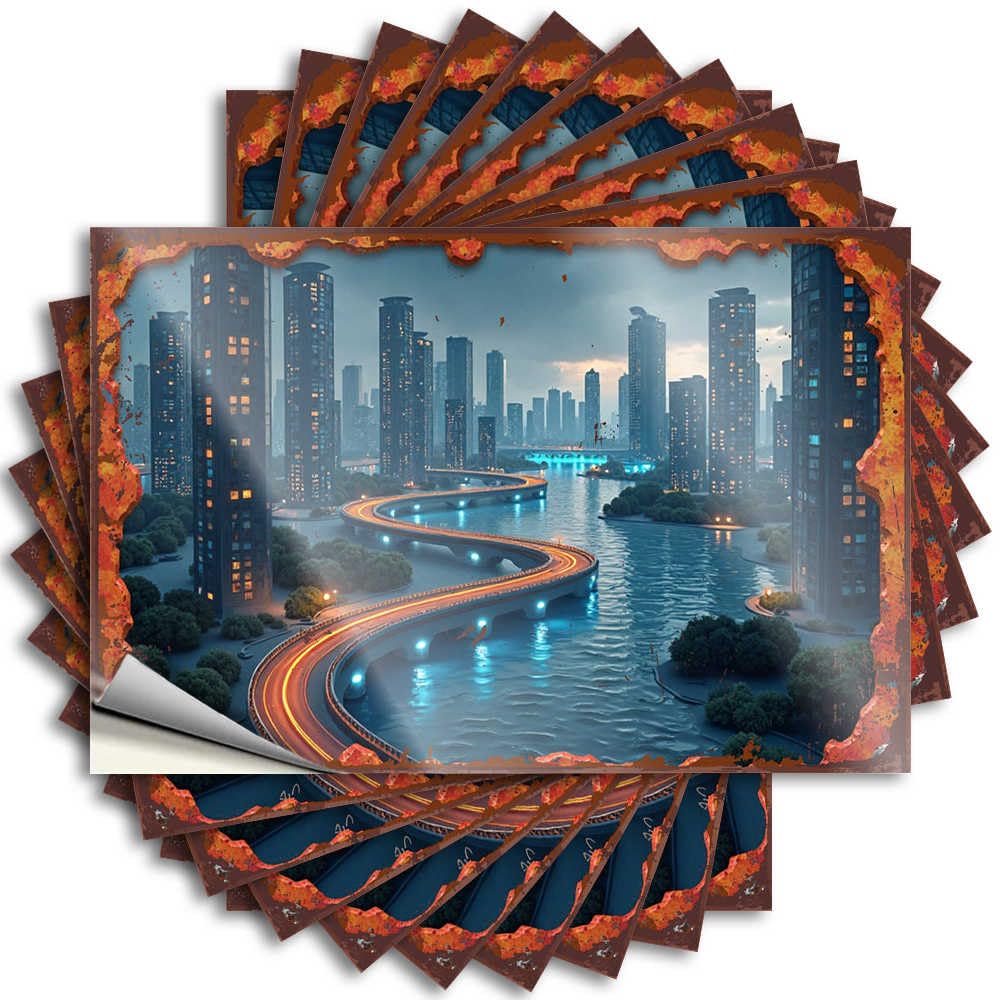 Fluffy Decals Aesthetic Decals, Cute Cute Pattern Design for Adults Notebook | Bumper Removable Vinyl Cityscape with Futuristic Bridge Over Water At Night(8X12CM)