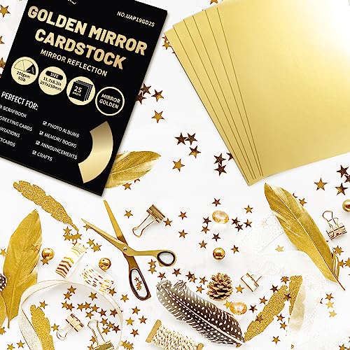 A4 Golden Mirror Kartonpapier, 25 Blatt 250 g/m²/92 lb metallisch reflektierendes Papier zum Basteln, Folienkarton für DIY-Projekte, Geburtstagsdekoration UAP19GD25