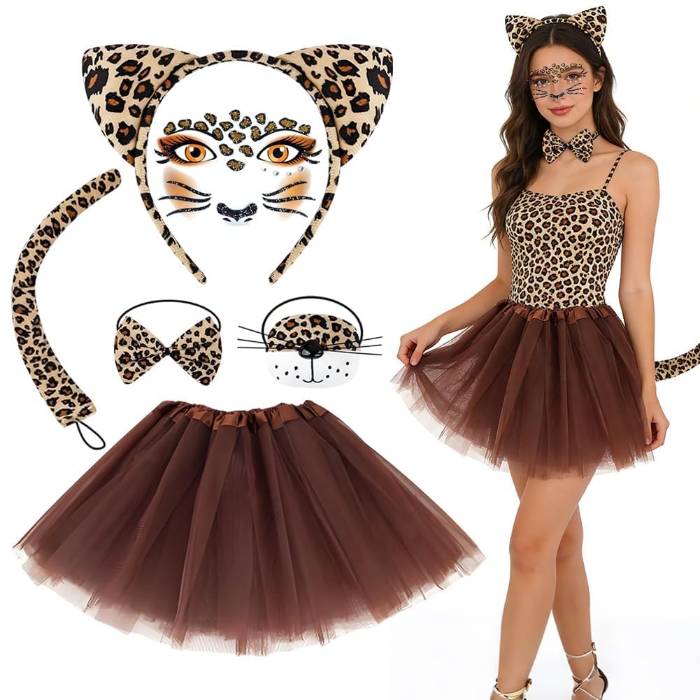 Disfraz de Animal,Disfraz Bonito para Mujer,Orejas Cebras Diadema Pajarita Cola de Cebras Cara Pegatinas Piedras Preciosas para Carnaval Halloween Animales Cosplay