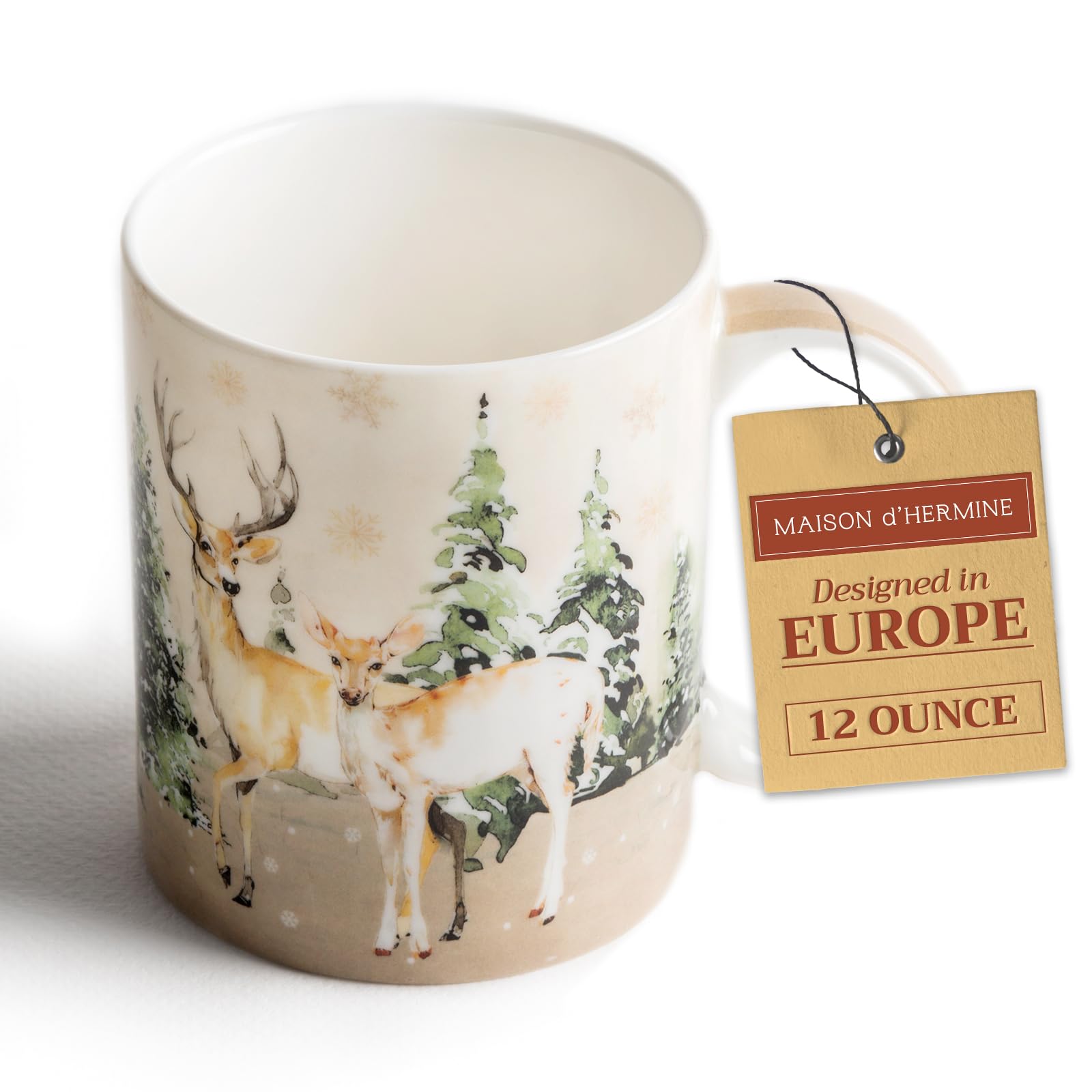 Maison d' Hermine Coffee Mug with Handles Fine Bone China Mugs Pack of One Tea Cups for Hot Beverages Cappuccino Latte Home Office Perfect for Gift (Deer In The Woods - Forest Deer, 12 Ounce)