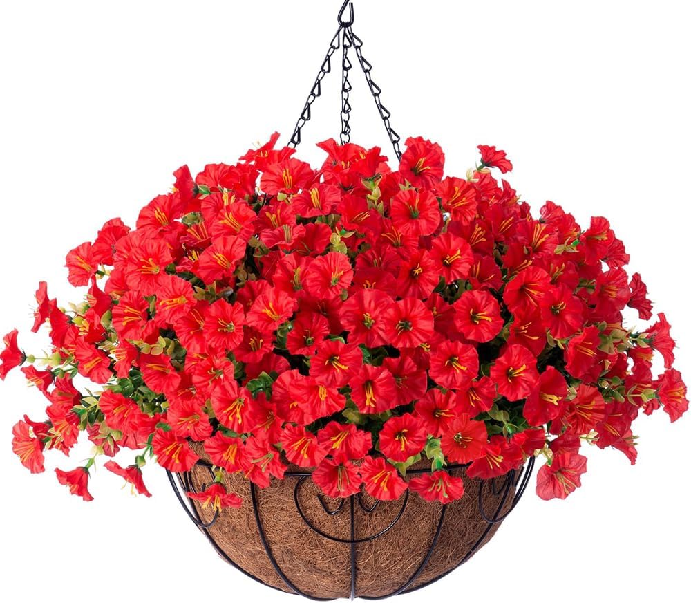 HyeFlora Artificial Fake Hanging Flowers for Outdoors Baskets Spring Decor, Faux Hanging Plants Outside Silk Morning Glory in Planter Look Real UV Resistant for Outdoor Porch Patio Garden Home, Red