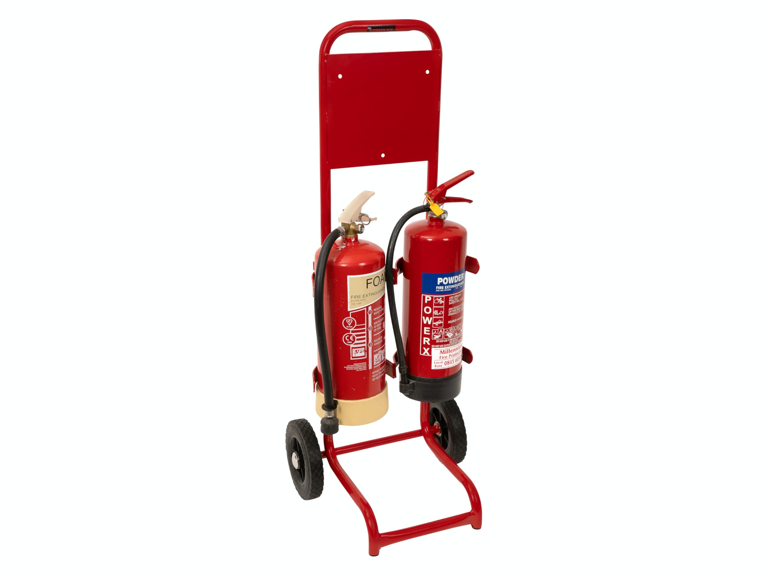 The Workplace Depot Red Fire Extinguisher Trolley – Portable Powder-Coated Steel Stand For Extinguishers, Solid Rubber Wheels, Tool-Free Assembly, Ideal For Construction Sites & Outdoor Events