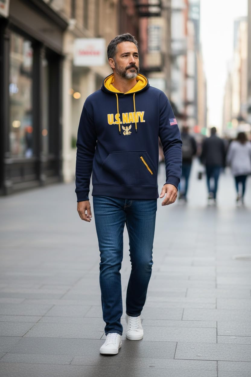 Malham Official U.S. Navy Hoodie - Embroidered Military Sweatshirt with Flag Applique, Navy, Available small to 3XL