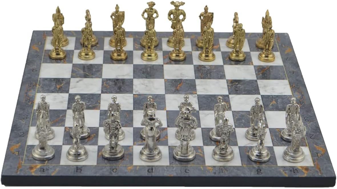 Metal Chess Set for Adults Spanish Royal Guards Figures,Handmade Pieces and Different Design Wooden Chess Board (Gray Marble)