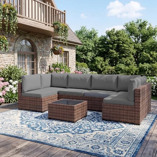Image of LHBcraft Patio Furniture Set with Rain Cover,7 Pieces Outdoor Wicker Rattan Patio Furniture, Wicker Rattan Outdoor Sectional Sofa Set with Coffee Table for Garden, Poolside Taupe-Grey