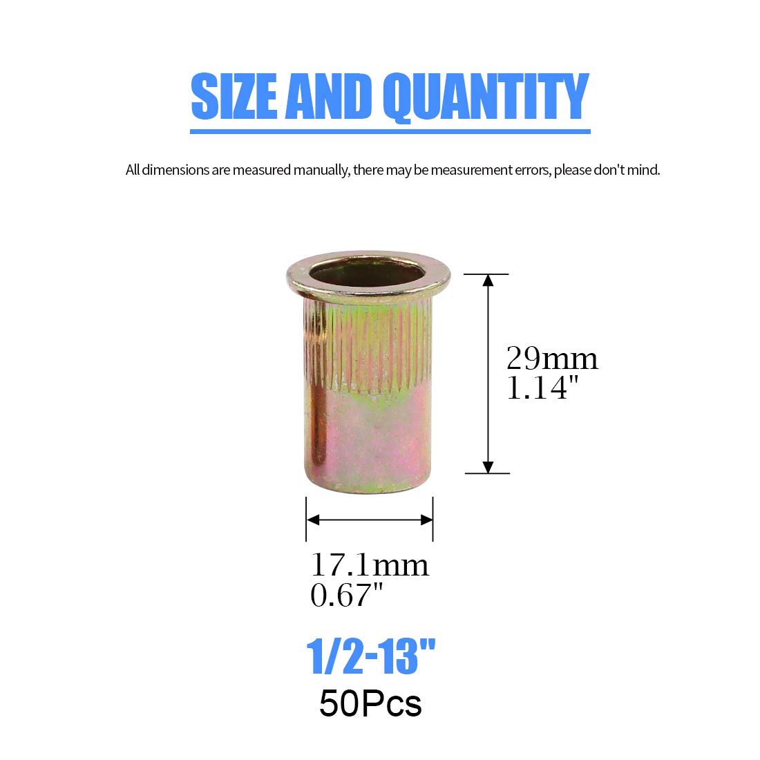 Glarks 50Pcs 1/2"-13UNC Zinc Plated Carbon Steel Rivet Nut Flat Head Rivnut Threaded Insert Nuts Set (1/2"-13UNC)