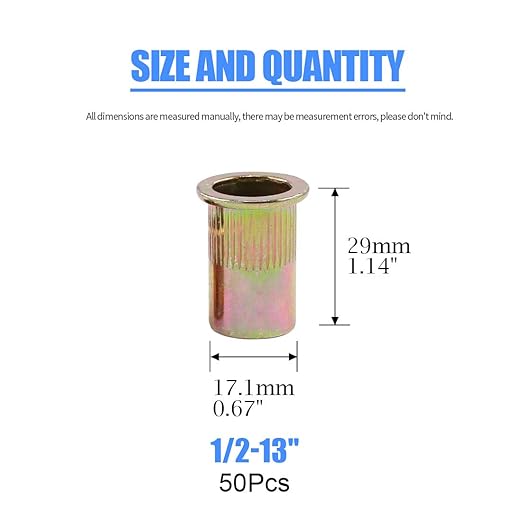 Glarks 50 Piezas Tuerca Remache 1/2"-13UNC Acero al Carbono Zinc miniatura 2