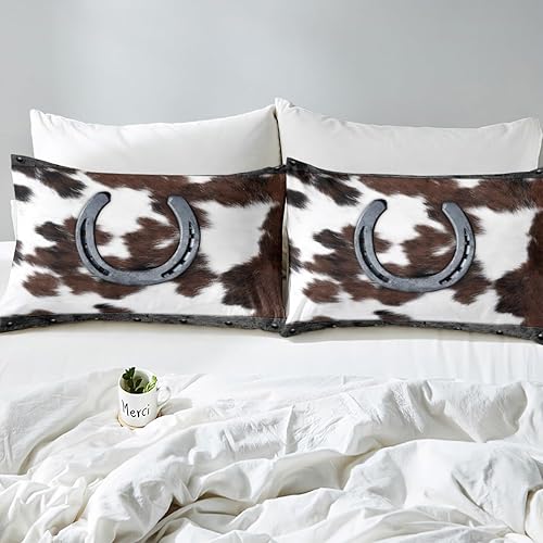 Miniatura 4 de Manfei Juego de sábanas de herradura tamaño matrimonial, juego de sábanas con estampado de piel de vaca marrón y blanco, 4 piezas con sábana bajera