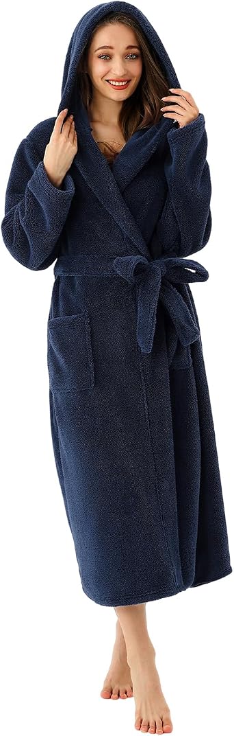 RONGTAI Womens Hooded Robe Long Plush Fleece Bathrobe with Pockets Nightwear S-XXL