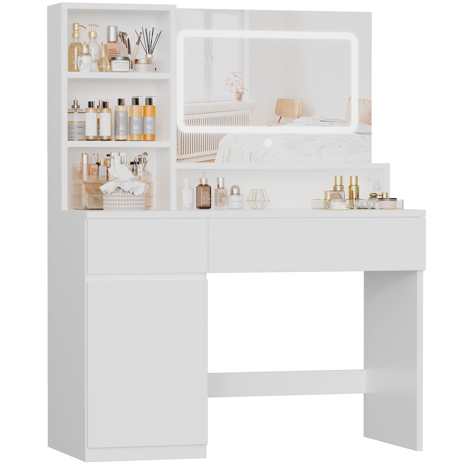 JUMMICO Coiffeuse avec Grand Miroir LED et Espace de Rangement Abondant, Table de Maquillage Moderne avec 2 Tiroirs, 1 Armoire Latérale et 4 Compartiments (Blanc)