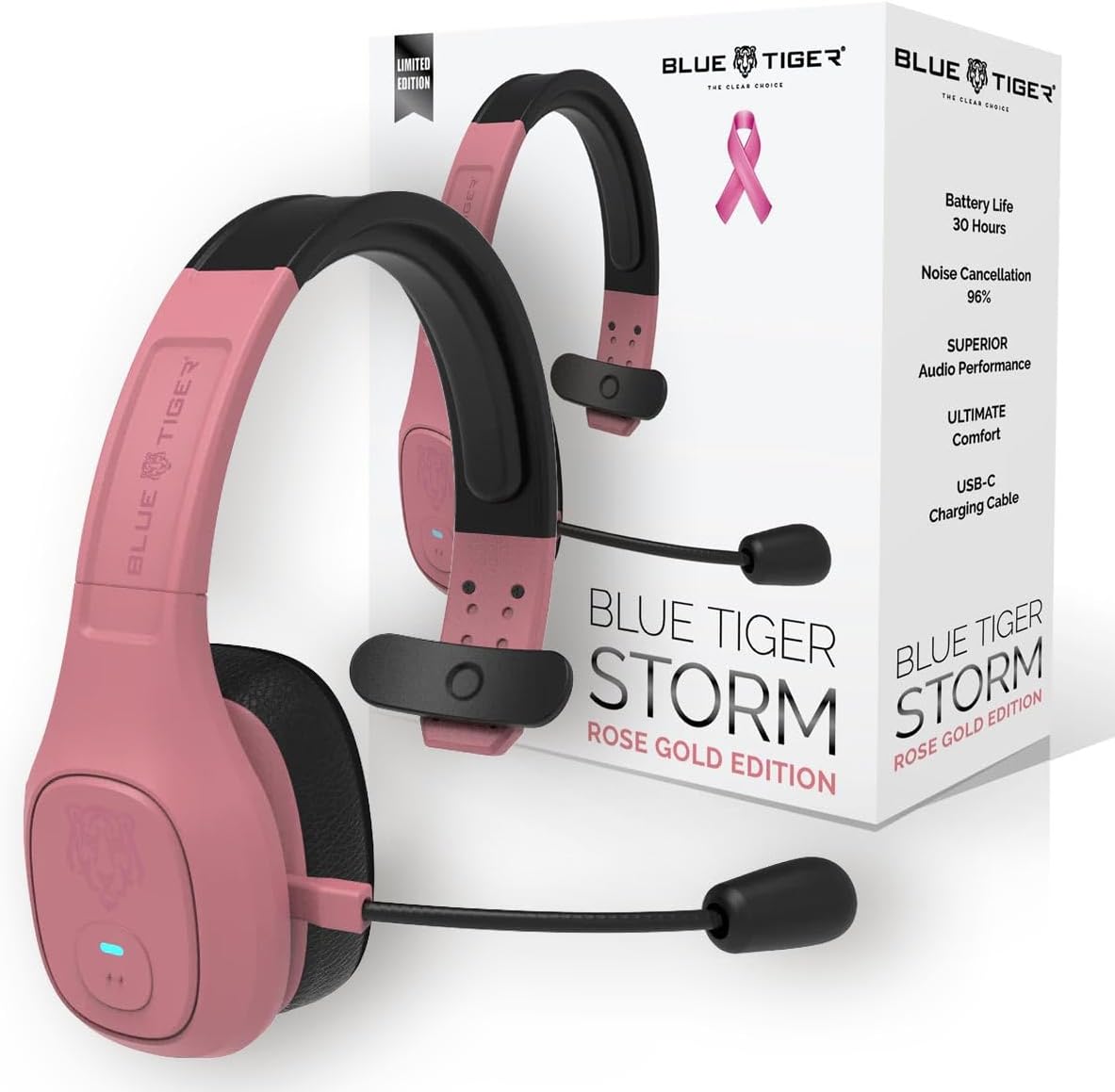 Blue Tiger Storm Rose Gold – Premium Trucker Bluetooth Headset-Wireless Noise Canceling Mono Headset with Mic -High-Fidelity Sound, 30-Hour Talk Time, USB-C Charging – For Truck Drivers, Bluetooth 5.0