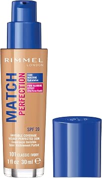 Rimmel Match Perfection Foundation 101 Classic Ivory, Medium Coverage, 24hr Hydration, No Caking or Creasing, Lightweight, Reduces Imperfections, Invisible Coverage, SPF20, Cruelty Free