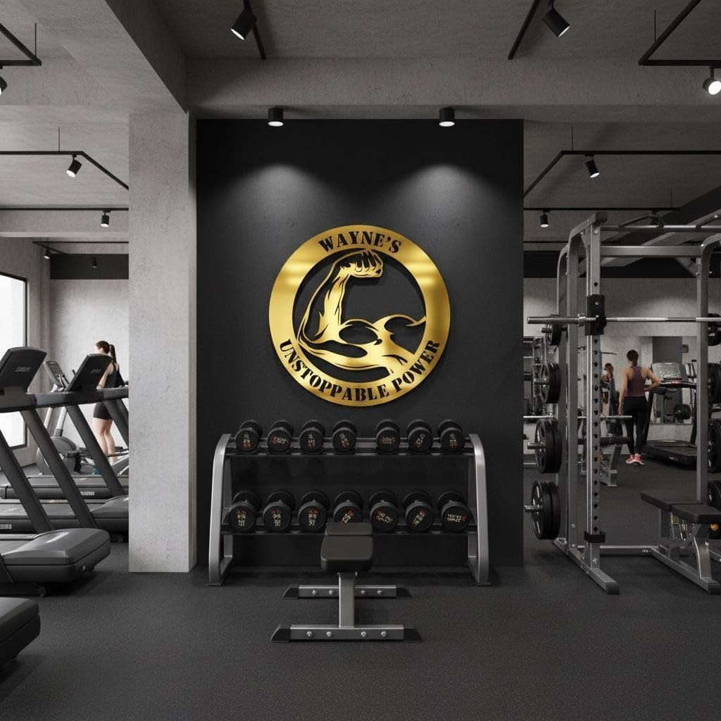 Gold Gym Metal Wall Art, Custom Name Fitness Sign, Home Gym Decor, Workout Motivation, Bodybuilding for Him