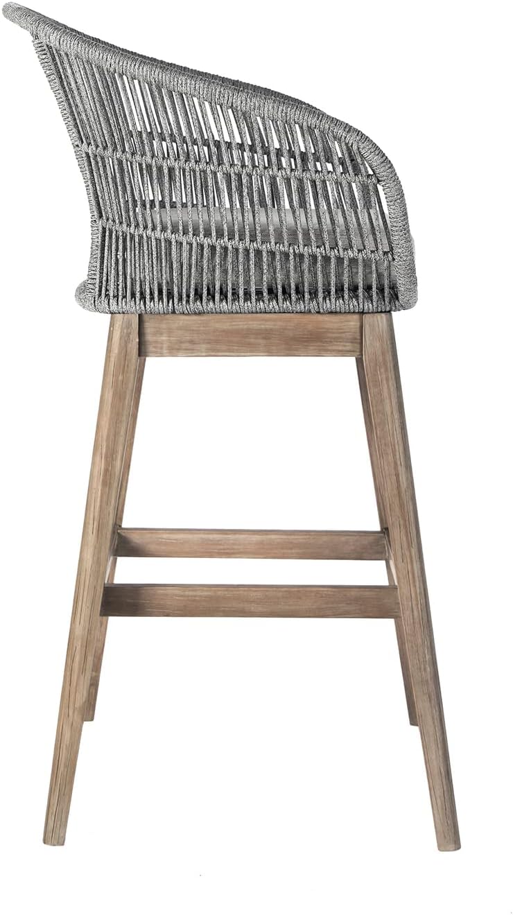 Armen Living Tutti Frutti Modern Indoor Outdoor Counter Chair Bar Stool in Light Eucalyptus Wood with Gray Rope, 30" Seat Height