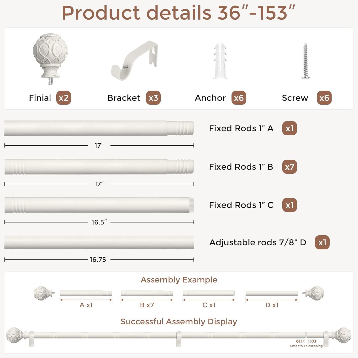 Antique White Curtain Rods for Windows 72 to 144 Inch, Adjustable Vintage Decorative 1'' Long Heavy Duty Curtain Rod, Rustic Farmhouse Drapery Pole Set with Boho Netted Texture Flower Finials