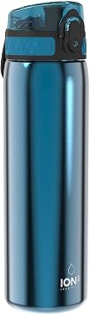 Ion8 Lightweight Steel Water Bottle, 600ml/20oz, Non-Insulated, Leak Proof, Easy to Open, Secure Lock, Dishwasher Safe, Flip Cover, Fits Cup Holders, Carry Handle, Metal Water Bottle, Metallic Blue