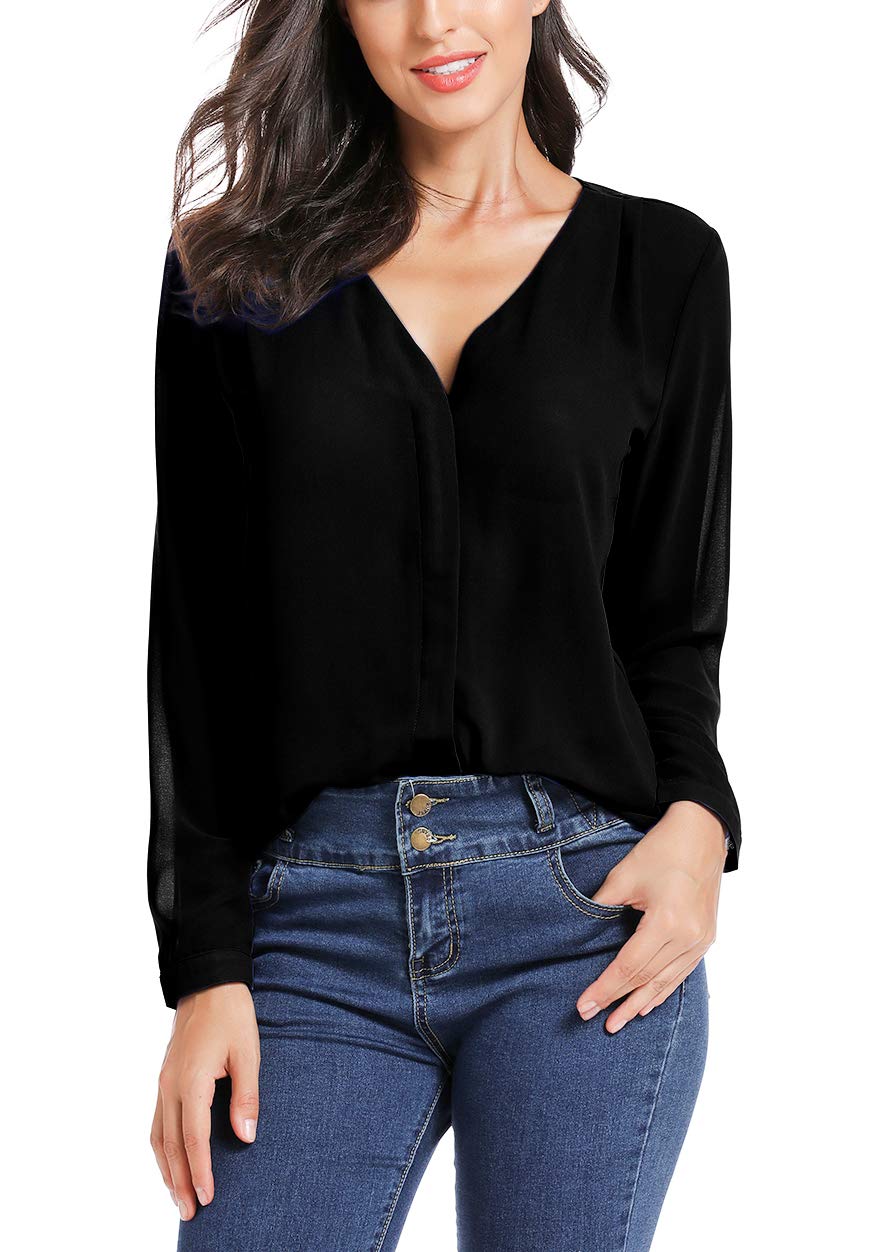 EXCHICWomen's Casual V-Neck Chiffon Blouse Shirts Long Sleeve Tunic Top Shirt