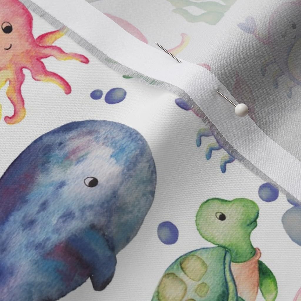 Spoonflower Fabric - Sea Creatures White Watercolor Ocean Blue Life Animals Turtle Crab Printed on Organic Cotton Sateen Fabric by The Yard - Sewing Quilting Apparel Home Decor