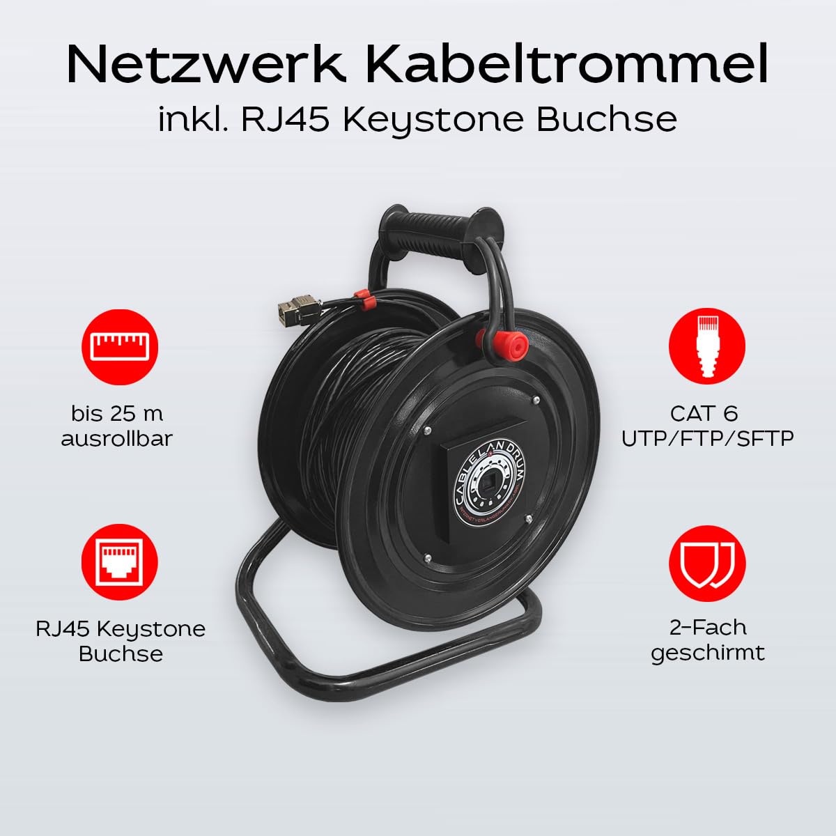 Netzwerk LAN Kabeltrommel CAT6 S/FTP RJ45 Keystone Buchsen Internetverlängerung erweitern Metall schwarz (25m)