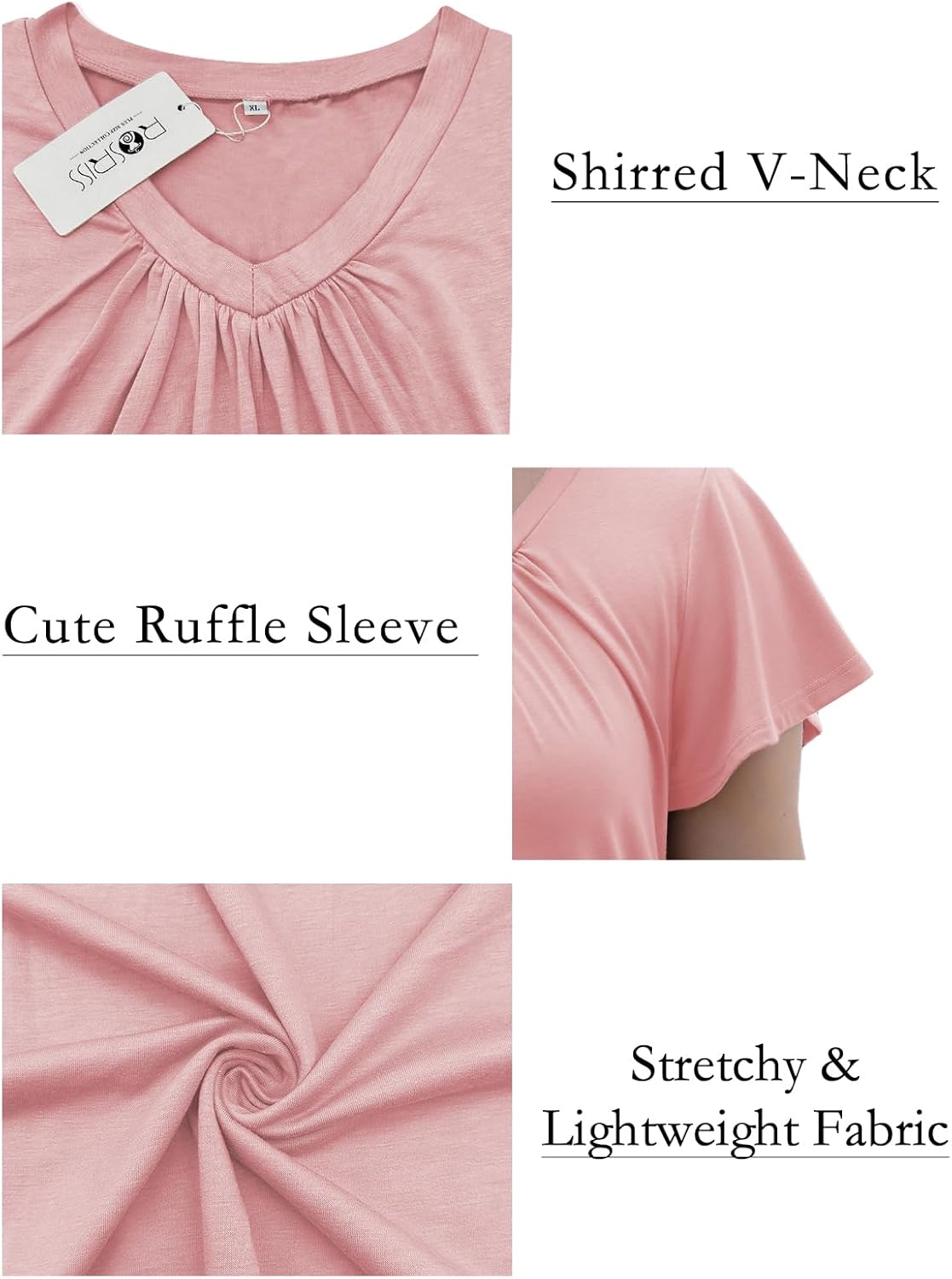ROSRISS Womens-Plus-Size-Tops Summer Ruffle Short Sleeve Shirts Shirred V Neck Tunics - Image 3