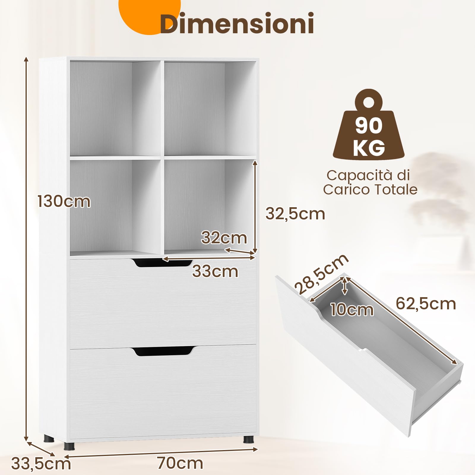 COSTWAY Libreria a 4 Cubi con 2 Cassetti, Scaffale Alto a 5 Ripiani da 130 cm, Libreria Moderna a Cubi Aperti, Organizer in Legno per Soggiorno, Studio, Ufficio Domestico (Bianco)