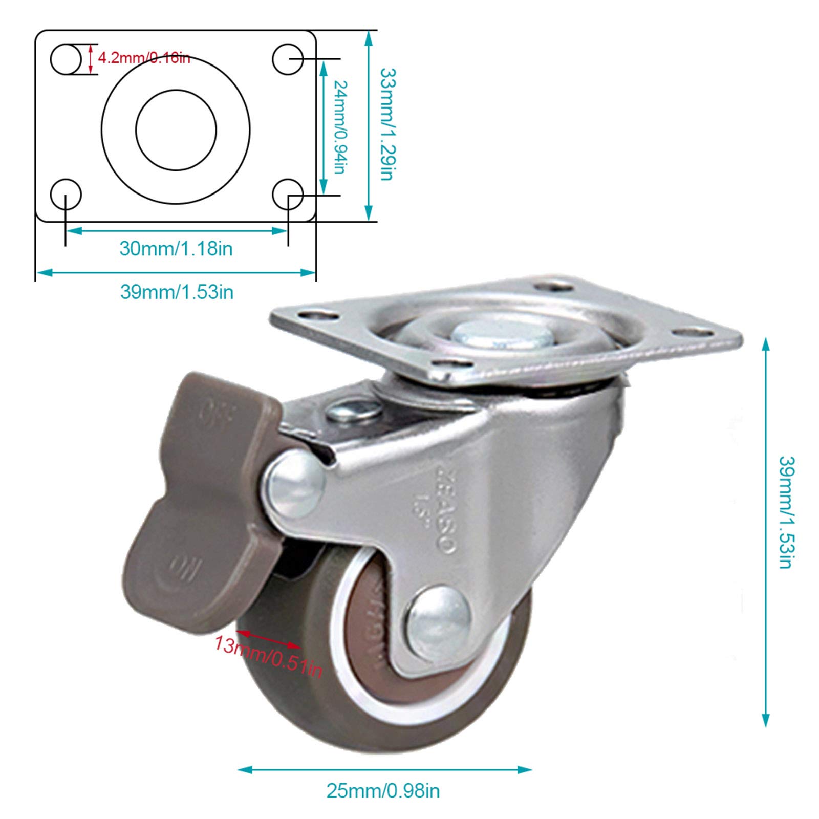 Jolan Furniture Casters with Brakes,360° Rotation,Rubber Flat Wheels,Rust-Proof,Swivel Casters,Waterproof,Small Transport Casters.,2 Brakes + 2 no Brakes,25mm