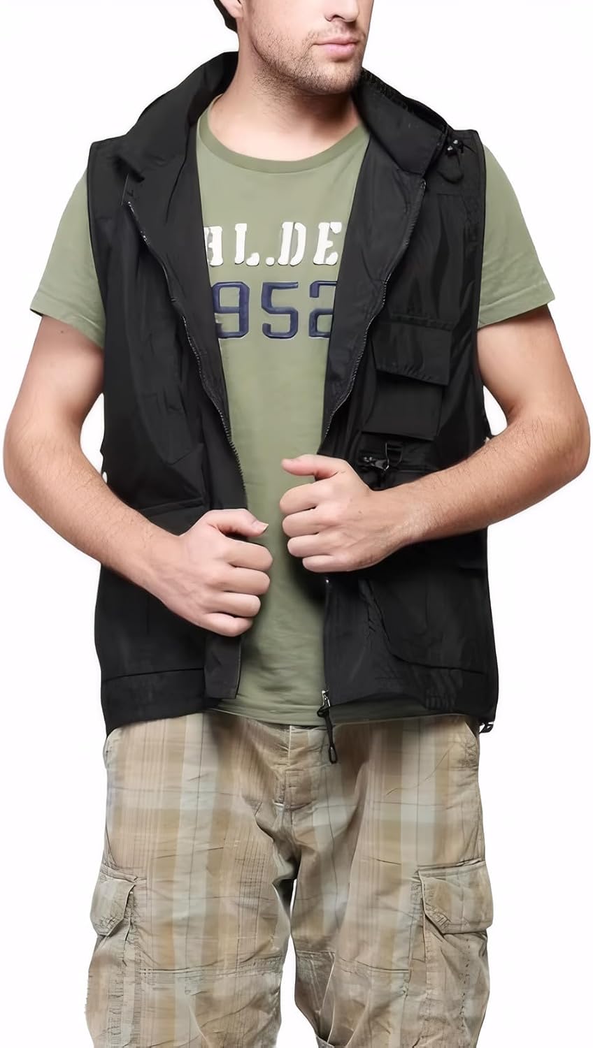 WSLCN Mens Hooded Safari Vest Multi-Pockets Photography Travel Hiking Waistcoat Jacket