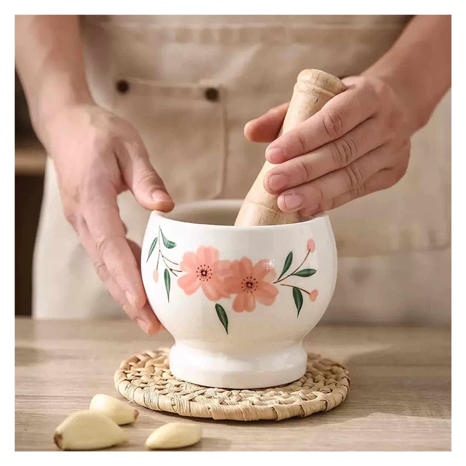 Trituradora, mortero y Maja Inicio Mortero con Maja Mortero y Maja de cerámica Blanca Juego de patrón Floral Elegante mortero y Maja de Porcelana de cerámica para moler