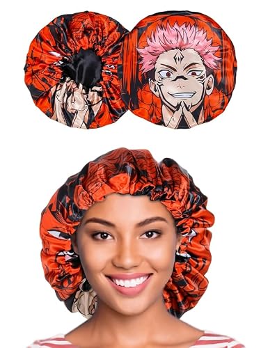 Anime Bonnet with Elastic Soft Band Adjustable Women and Men Silky Bonnets for Sleeping Comfortable Satin Fabric, Red Skna